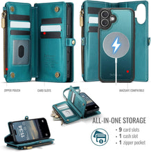 Load image into Gallery viewer, Defencase for iPhone 17 Magnetic Wallet Case Compatible with Magsafe with RFID Blocking Zipper Pocket &amp; Card Holder for Women Men PU Leather Strap Detachable Case for iPhone 17 (6.3 inch), Blue Green
