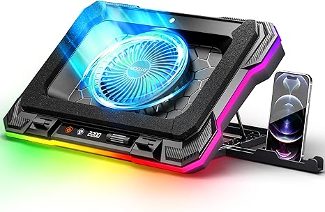 Laptop Cooling Pad Powerful Turbo Fan RGB Gaming Notebook Cooler, Moojay Laptop Fan Cooling Stand with 8 Adjustable Heights and Phone Holder, for 14-19 Inch Laptops - Ice Blue LED Light