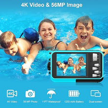 Load image into Gallery viewer, 4K Underwater Camera 56MP Autofocus 11FT Waterproof Camera Dual-Screen Selfie 16X Underwater Camera for Snorkeling Waterproof Compact Floatable Digital Camera with 32GB Card
