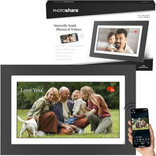 Load image into Gallery viewer, 14” WiFi Digital Photo Frame | Send Photo or Video from Phone to Digital Picture Frame with Free PhotoShare Frame v2 app | End-to-End Encryption | Quick Easy Setup | Black Wood

