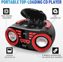 Load image into Gallery viewer, Pyle Portable CD Player Bluetooth Boombox Speaker - AM/FM Stereo Radio &amp; Audio Sound, Supports CD-R-RW/MP3/WMA, USB, AUX, Headphone, LED Display, AC/Battery Powered, Red Black - PHCD22.5
