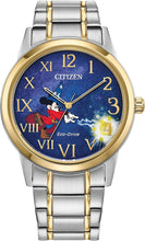 Load image into Gallery viewer, Citizen Eco-Drive Disney Sorcerer’s Apprentice Mickey Two Tone Stainless Steel Watch, 3 Hand, Luminous, 40mm (Model: FE7064-71W)
