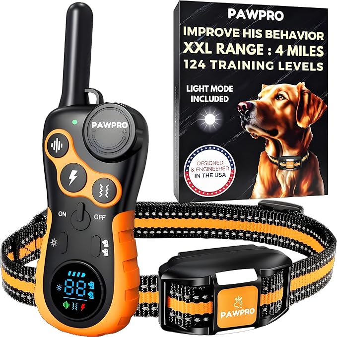 Dog Shock Collar with Remote, Unmatched 4-Mile Range, Night-Light Mode, Training Guide Included, 124 Training Levels & 4 Modes, Beep Vibration Shock, Waterproof Rechargeable, Fits All Dogs, US Tech