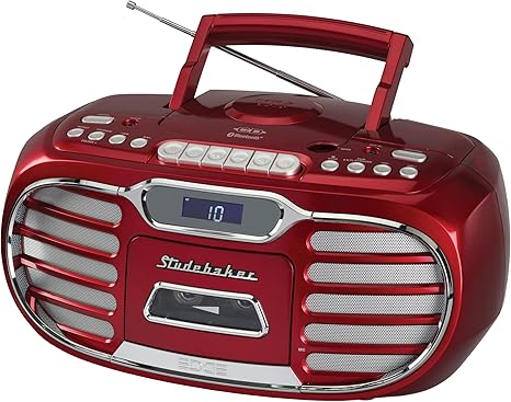 Studebaker Retro Edge Big Sound Bluetooth Boombox with CD/Cassette Player-Recorder/AM-FM Stereo Radio (Red/SB2150R)