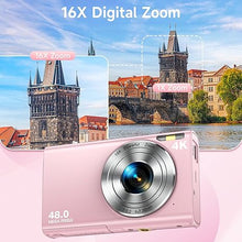 Load image into Gallery viewer, Digital Camera, Autofocus 48MP UHD 4K Vlogging Camera 16X Digital Zoom, Portable Compact Point and Shoot Digital Camera for Teens Adult Beginner with 32GB Card, 2 Batteries, Lanyard(Pink)
