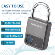 Load image into Gallery viewer, Fingerprint Padlock, Smart Padlock with USB Charging Support, Fingerprint Lock, Biometric Lock Suitable for Luggage, Bookcase, Suitcase, Backpack, Bike, School Locker, Gym Locker Lock(Gray)
