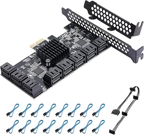 PCIE SATA Card 16 Ports, 6 Gbit/s SATA 3.0 PCIe Card, PCIe to SATA Controller Expansion Card, Boot as System Hard Drive, Suitable for All PCIE Slots (JMB575 + ASM1064)