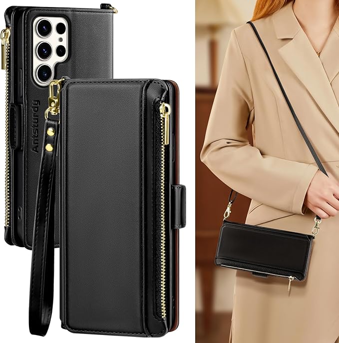 Antsturdy Compatible with Samsung Galaxy S25 Ultra Wallet Case for Women?RFID Blocking? Crossbody Phone Case PU Leather Zipper with Wrist Strap Flip Cover Credit Card Holder for S25 Ultra,(Black)