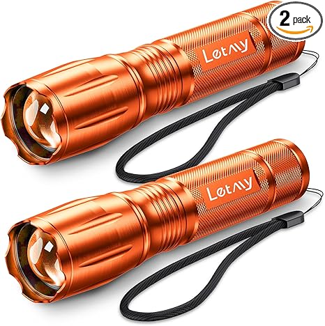 LETMY Tactical Flashlight S2000-2 Pack Bright Military Grade LED Flashlights High Lumens - Portable Handheld Flash Light, 5 Modes Zoomable Waterproof Flashlights for Home Emergency Camping- Orange