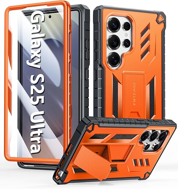 FNTCASE for Samsung Galaxy S25-Ultra Case: Military Grade Drop Proof Protection Mobile Cover with Kickstand | Matte Textured Rugged Shockproof TPU | Protective Sturdy Phone Case - Orange