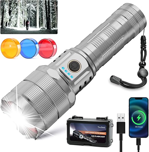 900000 High Lumens Flashlights LED Rechargeable Tactical Flashlight 5 Modes Zoomable Fast Charging IPX6 Waterproof Flash Light Super Bright Handheld Flashlights for Camping Outdoor and Gift