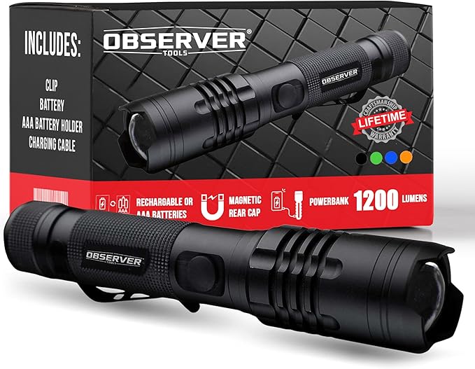 High Lumen Utility Flashlight, Rear Magnet, LED, Rechargeable, Powerbank for Phone, AAA Adapter - Tactical Flashlight, Military Flashlight, Police Flashlight, 1200 Super Bright Lumens