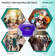 Load image into Gallery viewer, Philco Portable CD Player Boombox with Speakers and AM FM Radio | Purple Boom Box CD Player Compatible with CD-R/CD-RW and Audio CD | 3.5mm Aux Input | Stereo Sound | LED Display | AC/Battery Powered
