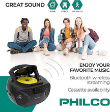 Load image into Gallery viewer, Philco Portable Bluetooth Boombox with CD and Cassette Player | Cassette Recorder | Connect to Headphones | CD Player is Compatible with MP3/WMA/CD-R/CD-RW CDs | 3.5mm Aux Input | AC/Battery Powered
