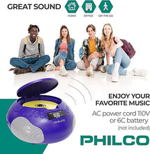 Load image into Gallery viewer, Philco Portable CD Player Boombox with Speakers and AM FM Radio | Purple Boom Box CD Player Compatible with CD-R/CD-RW and Audio CD | 3.5mm Aux Input | Stereo Sound | LED Display | AC/Battery Powered
