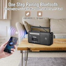 Load image into Gallery viewer, Gelielim Cassette Tape Player Bluetooth Boombox, Cassette Player AM/FM/SW Radio Stereo, Tape Player/Recorder with 8W Speaker and Earphone Jack, USB/TF Card Player, AC Powered or Battery Operated
