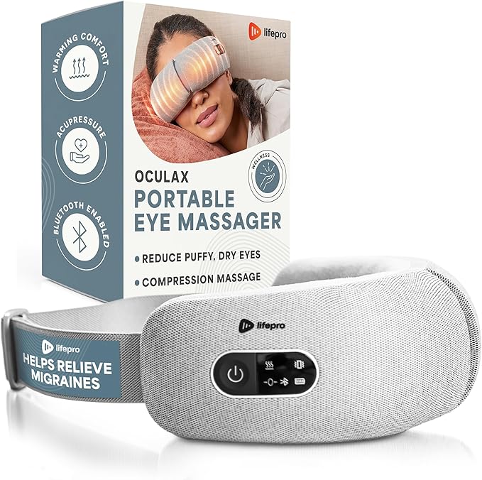 LifePro Portable FSA/HSA Eligible Eye Massager with Heat and Vibration-4 Soothing Modes for Compression Massage to Help Reduce Puffy and Dry Eyes-Rechargeable Heated Migraine Mask with Bluetooth Music