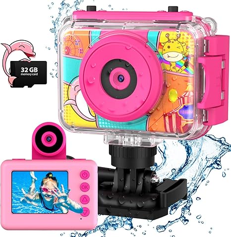 Kids Camera, Waterproof Kids Digital Camera, Children Selfie Camera with 180°Flip Len, 20MP 1080P Sports Action Toy Underwater Camera for Pool Helmet, Birthday Gifts for Boys Girls Age 3-12