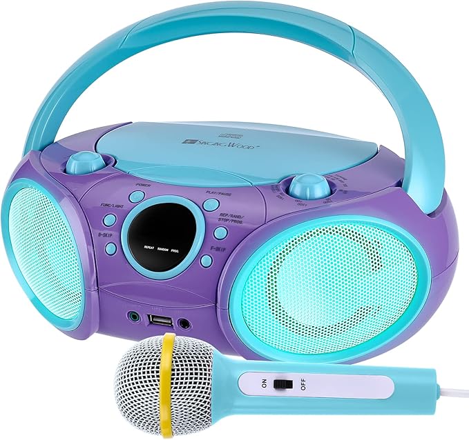 SingingWood NP030AB-CV Portable Karaoke System, Portable CD Player Boombox with Wireless for Home AM FM Stereo Radio, Headphone Jack, Portable Karaoke Supported AC or Battery Powered - Violet