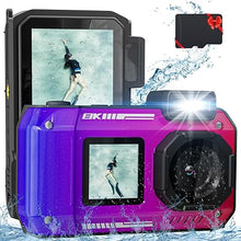 Load image into Gallery viewer, 8K 70MP Digital Camera with 64G Card, 33FT Underwater Camera Waterproof Rugged Dustproof Shockproof for Snorkeling Diving, Selfie Dual-Screen Point and Shoot Digital Camera(Gradient Purple)
