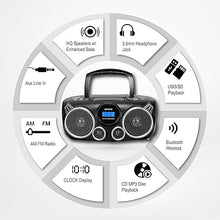 Load image into Gallery viewer, RIPTUNES Portable CD Player Bluetooth Stereo Sound System Digital AM FM Radio, MP3 CD Boombox USB SD PALYBACK with Enhanced Bass, Aux in, Headphone Jack, CD-R/CD-RW Compatible LCD CLOCK Display, Black
