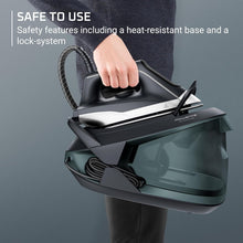 Load image into Gallery viewer, Rowenta Iron Steamer for Clothes Master Steam Station, Professional Steam Iron for Clothes with Stainless Steel Soleplate, 57 Oz, 400 Microsteam Holes, Built-In Pump, 1750 Watts, Black/Green, VR8338
