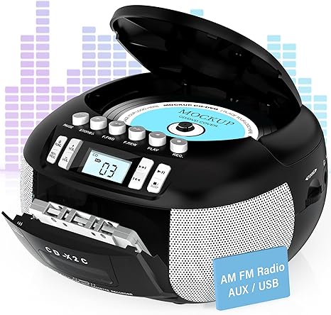 CD Player Boombox & CD Cassette Player Combo, CD Player Portable with CD-R/CD-RW Compatible,Battery Powered AM FM Radio, Stereo Sound, Programmable, LCD Display, Headphone Jack (Black)