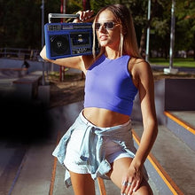 Load image into Gallery viewer, QFX J-220BT Blue Boombox MP3 Conversion from Radio to Cassette with 4-Band (AM, FM, SW1, SW2) Radio with Bluetooth, Dual 3” Speakers, Built-in Microphone, Recorder, and a 3-Band Equalizer
