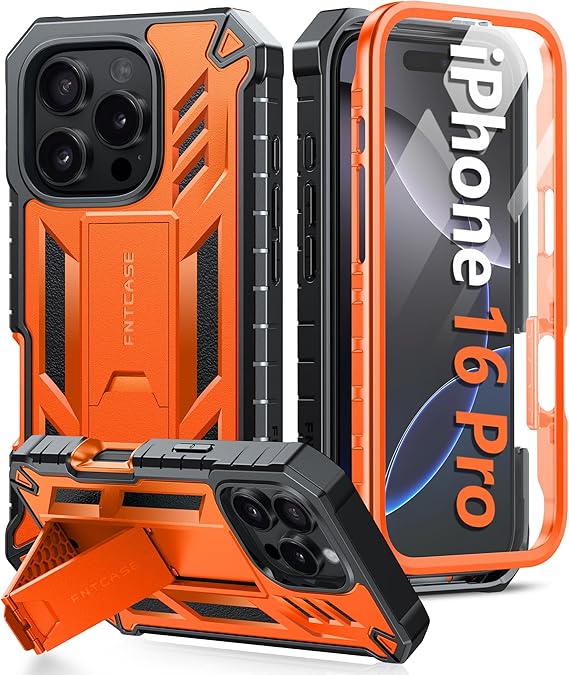 FNTCASE for iPhone 16 Pro Case: Military Grade Drop Proof Protection Mobile Cover with Kickstand | Matte Textured Rugged Shockproof TPU | Protective Sturdy Phone Case - 6.3 inch Orange