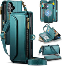 Load image into Gallery viewer, for iPhone 17 Detachable Wallet Case Compatible with Magsafe for Women, RFID Blocking 9-Card Holder Zipper Wrist Strap Lanyard PU Leather Magnetic Phone Case for iPhone 17 6.3", Blue Green
