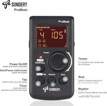 Load image into Gallery viewer, Sondery Digital Metronome for Guitar Piano Drum and All Instruments with Timer, English Vocal Counting and 3 Different Sounds with Earphone Jack and Flashing Light, Loud Volume, Rechargeable
