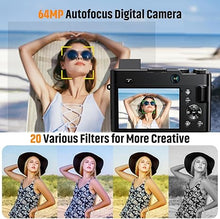 Load image into Gallery viewer, 4K Digital Camera for Photography Autofocus 64MP Vlogging Camera for YouTube with Dual Cameras 16X Digital Zoom 4K Compact Travel Video Camera with 32GB SD Card,2 Batteries,Flash, Anti-Shake (Black)
