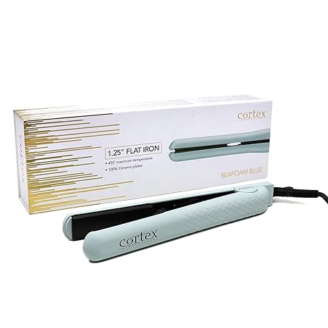 Cortex International Hair Straightener - Professional Hair Straightener, Straightening Iron, Ionic Technology, Black Series, Gemstone Infused Tourmaline Ceramic Plates 1.25 inch (Seafoam Blue)