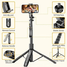 Load image into Gallery viewer, 61&quot; Selfie Stick Tripod, All in One Extendable Phone Tripod Stand with Wireless Remote 360° Rotation for iPhone and Android Phone Selfies, Video Recording, Vlogging, Live Streaming, Aluminum
