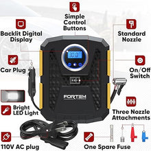 Load image into Gallery viewer, FORTEM Tire Inflator 150 PSI, Bike Pump, 110V AC 12V DC Air Pump for Car Tires, Digital Tire Pressure Gauge w/Auto Pump/Shut Off, Carrying Case (Yellow)
