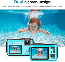 Load image into Gallery viewer, VETEK Underwater Camera, UHD 5K 64MP 16FT Waterproof Digital Camera with WiFi Connection 16X Zoom Selfie Dual Screens Waterproof Camera for Snorkeling with 32GB Card and 1200mAh Battery(Blue)
