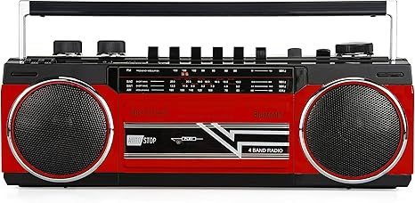 Riptunes Cassette Boombox, Retro Blueooth Boombox, Cassette Player and Recorder, AM/FM/SW-1-SW2 Radio-4-Band Radio, USB, and SD, RED