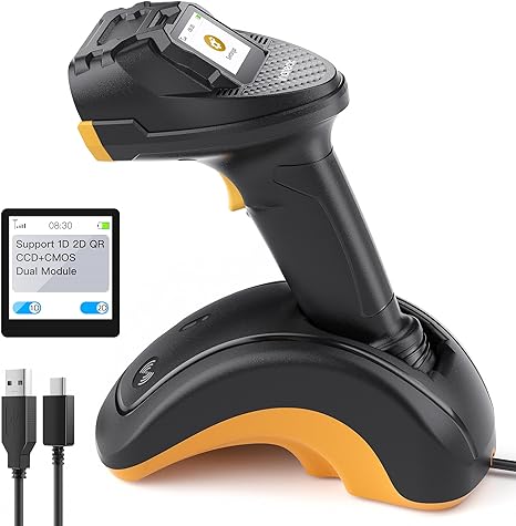 Inateck Bluetooth Barcode Scanner, 2D 1D Wireless Handheld Scanner, QR Code Scanner, Equipped with a Touchscreen and Smart Base, CMOS+CCD Dual modules, Larger scanning Range, Supports app SDK, P8.