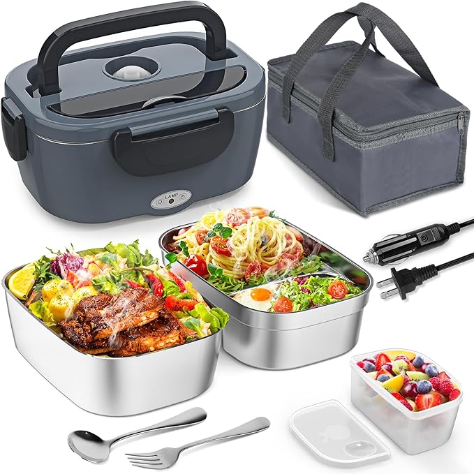 Electric Lunch Box for Adults, Heated Lunch Box with 2 Stainless Steel Container, 1.5L Portable 80W Food Warmer Lunch Box for Car/Truck/Work/Home Men, 110V/12V/24V/240V