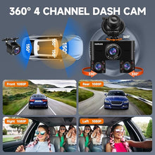 Load image into Gallery viewer, 360 Dash Cam Front and Rear Inside, 4 Channel Dash Camera for Cars FHD 1080Px4, Built-in Wi-Fi, 3.16” IPS Screen, WDR Night Vision, Included 64GB Card, 24H Parking Mode
