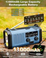 Load image into Gallery viewer, 13000mAh Emergency Radio with NOAA Weather Alert, Portable Solar Hand Crank AM/FM Radio for Survival,Rechargeable Battery Powered Radio,USB Charger,Flashlight,Reading Lamp,for Home Outdoor
