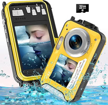 Load image into Gallery viewer, 4K Underwater Camera with 32GB Card 1250mAh Battery 56MP Autofocus 11FT Waterproof Camera Dual-Screen Selfie 16X Waterproof Floatable Digital Camera Underwater Camera for Snorkeling, Yellow
