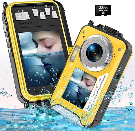 4K Underwater Camera with 32GB Card 1250mAh Battery 56MP Autofocus 11FT Waterproof Camera Dual-Screen Selfie 16X Waterproof Floatable Digital Camera Underwater Camera for Snorkeling, Yellow