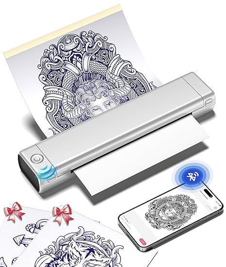Phomemo M08F Tattoo Stencil Printer Bluetooth, Inkless Tattoo Printer Machine with 10pcs Tattoo Transfer Paper, Portable Stencil Printer for Tattooing, Compatible with Smartphone & PC, Silver