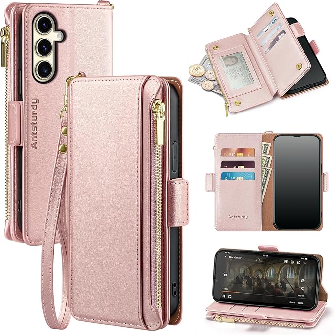 Antsturdy Compatible with Samsung Galaxy S25 Wallet Case with Card Holder,PU Leather Phone Case Flip Protective Cover RFID Blocking Wrist Strap Credit Card Slots Kickstand Men Women,Rose Gold