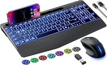 Load image into Gallery viewer, Wireless Keyboard and Mouse, Ergonomic Keyboard Mouse - RGB Backlit, Rechargeable, Quiet, with Phone Holder, Wrist Rest, Lighted Mac Keyboard and Mouse Combo, for Mac, Windows, Laptop, PC
