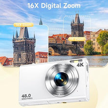 Load image into Gallery viewer, Digital Camera, Autofocus 48MP UHD 4K Vlogging Camera 16X Digital Zoom, Portable Compact Point and Shoot Digital Camera for Teens Adult Beginner with 32GB Card, 2 Batteries, Lanyard(White)
