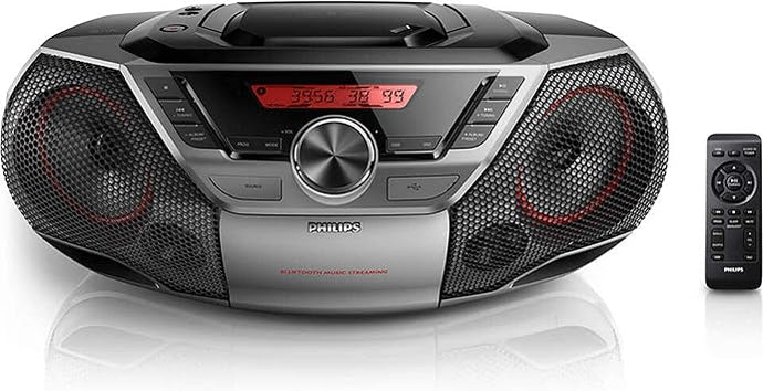 Philips Portable Boombox CD Player Bluetooth FM Radio MP3 Mega Bass Reflex Stereo Sound System with NFC, 12W, USB Input, Headphone Jack, and LCD Display