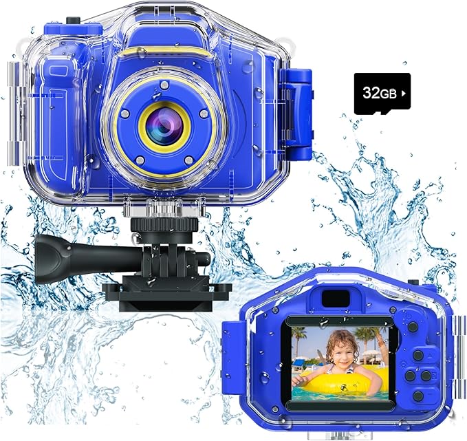 Agoigo Kids Waterproof Camera Toys for 3-9 Year Old Boys Girls Christmas Birthday Gifts HD Children's Digital Action Camera 2 Inch Screen with 32GB Card (Dark Blue)