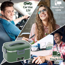 Load image into Gallery viewer, Electric Heated Lunch Box 100W - 3-IN-1 1.8L Fast Self Heating Lunch Boxes Portable Food Heater for Adults,12V/24V/110V with Leak-Proof Compartment Lid for Car Truck Office Home Green (3 Times Faster)
